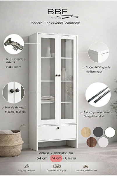 BBF Furniture BBF 74 cm Cam Kapaklı Vitrin ve Kitaplık 5 Raflı Çekmeceli Çok ...