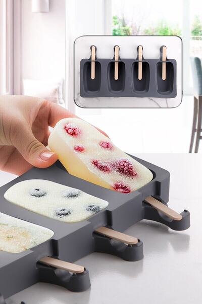 İLİVA 4' Lü Magnum Dondurma Kalıbı, Silikon Büyük Boy Gri Dondurma Kabı, Dond...