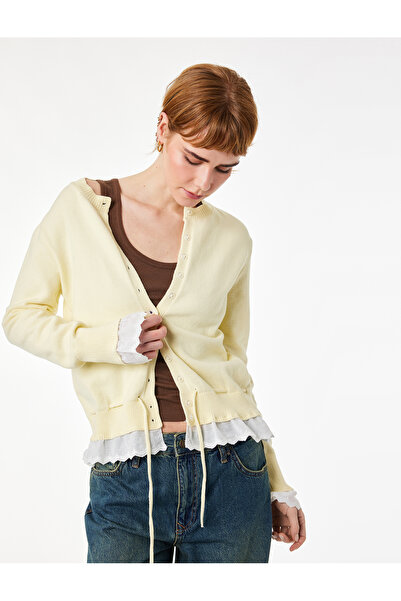 Koton Cotton Long Sleeve Crew Neck Ruffle Detailed Buttoned Knitwear Cardigan