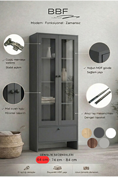 BBF Furniture 64 cm Cam Kapaklı Vitrin ve Kitaplık – 5 Raflı, Çekmeceli, Çok ...