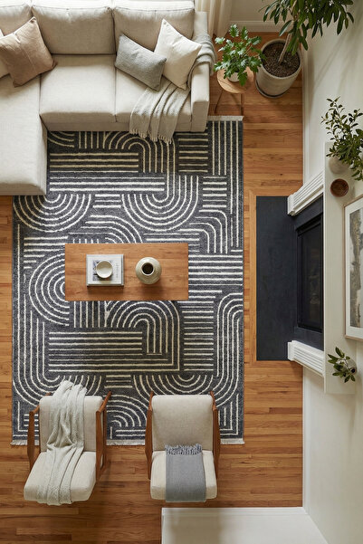Halispecial Raye Antrasit Yıkanabilir Kilim-Kaydırmaz Pamuk Dokuma Salon Mutf...
