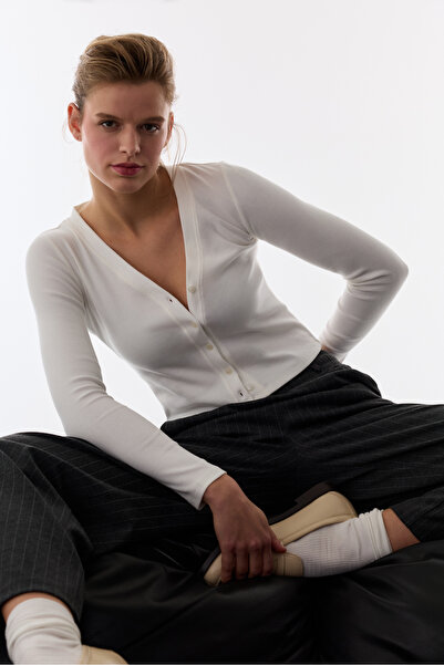 Penti White V-Neck Ribbed Cotton Piece Cardigan