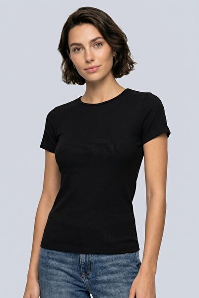Brix Kadın Fitilli Kısa Kollu T-Shirt 3515 Siyah Renk