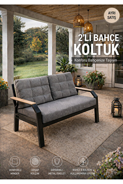 UFUK HOME Kavacık İkili Koltuk Gri Fermuarlı Keten Kumaş, Modern Metal Konfor...