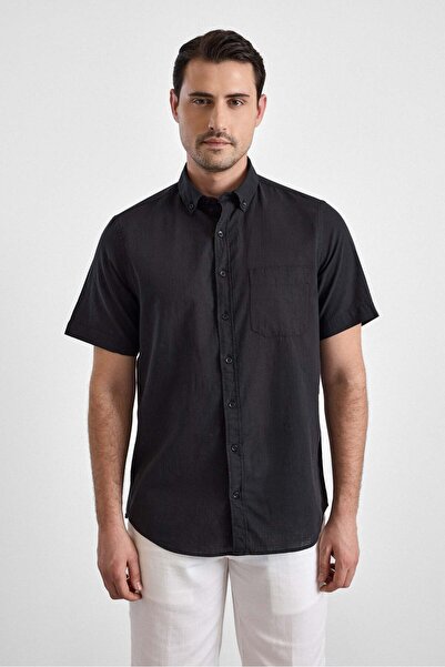 SÜVARİ Loose Fit 100% Cotton Soft Textured Short Sleeve Black Shirt