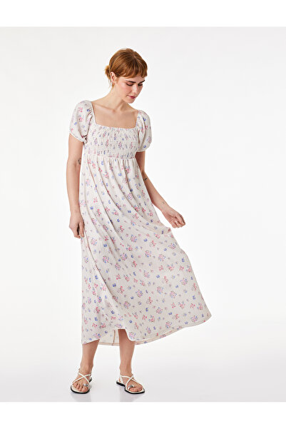 Koton Φόρεμα με τετράγωνο γιακά, κοντά μανίκια μπαλόνι και μακρύ φλοράλ σχέδιο