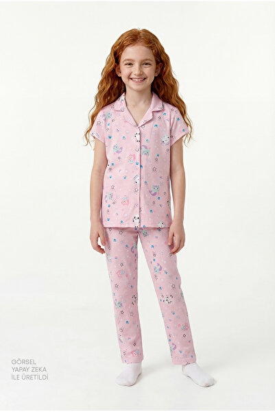 Penti Ανοιχτό ροζ κοριτσίστικο σετ πιτζάμες από βαμβακερό πουκάμισο με κουμπι...