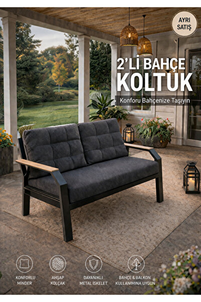 UFUK HOME Kavacık İkili Koltuk Antrasit Fermuarlı Keten Kumaş, Modern Metal K...