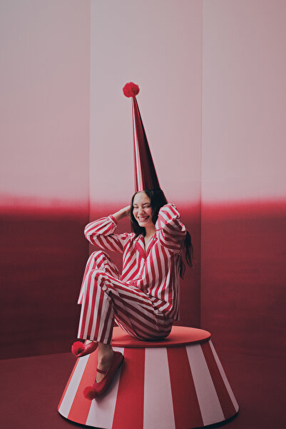 Penti Red Lucy Striped Cotton Pcs Shirt Pants Pajama Set