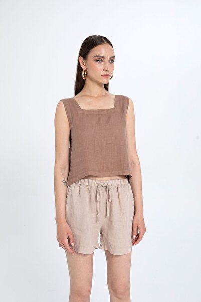 İpekçi Otantik Women's Square Neck Linen Blouse Sleeveless 100% Linen Summer ...