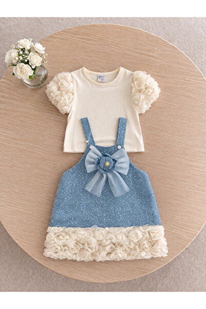 İray Κοστούμι για κορίτσια 2 τεμαχίων - Μπλε εκρού φλοράλ φόρεμα πριγκίπισσας...