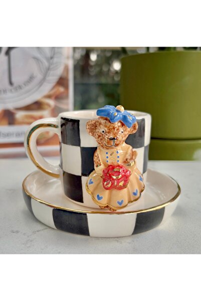 NOF El Yapımı Seramik Gerçek 24K Altın Dekorlu Teddy Gelin Türk Kahvesi Fincanı