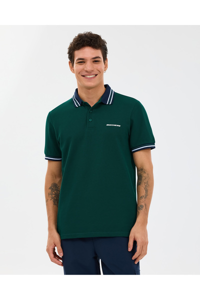 SKECHERS تيشيرت بولو للرجال باللون الكاكي بقصة عادية من M S2610080-4222