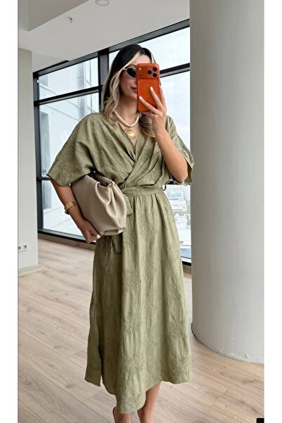 She Combines Women's Khaki Double-Breasted Collar Bat Sleeve Maxi Dress with ...