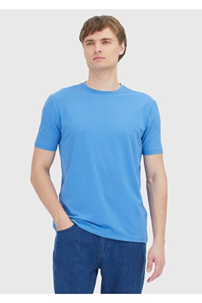 Ramsey Blue Plain Crew Neck Cotton Blend T-Shirt