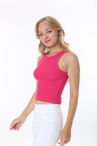 Bianna Kadın Fuşya Pembe Halter Yaka WellFitted Vücudu Saran Crop Fitilli Atlet