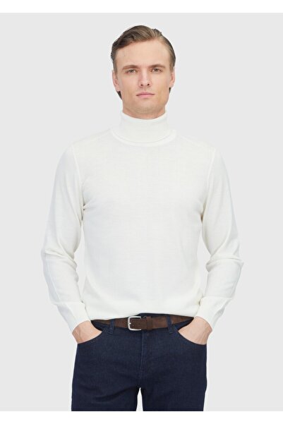 Ramsey Ecru Full Turtleneck Plain Knit Wool Blended Sweater Sweater