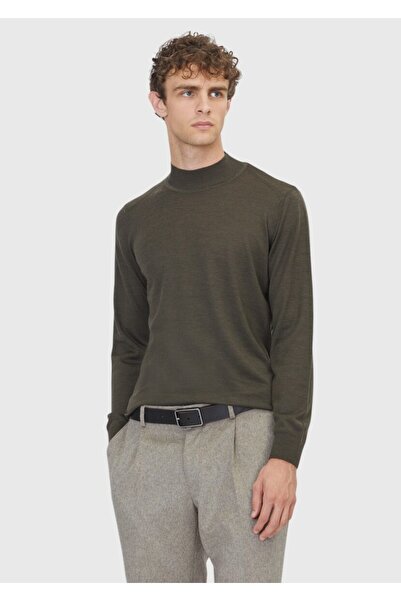 Ramsey Khaki Bato Collar Plain Knitted Wool Blended Sweater