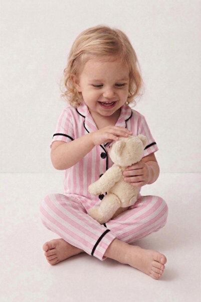 Rocha Baby Rocha Kız Bebek Pembe Beyaz Çizgili Düğmeli 2'li Pijama Takımı - P...