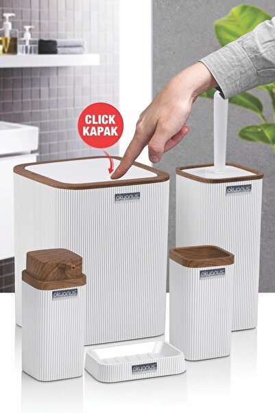 Okyanus Home Σετ μπάνιου Stella White με ξύλινο σχέδιο και ρίγες, 5 τεμαχίων