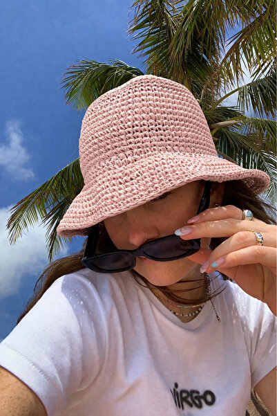 keisy Χειροποίητο πλεκτό ψάθινο καπέλο bucket premium (χρώμα πούδρας)