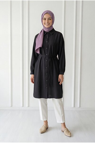 MİHRA STORE Πουκάμισο Miresia Lace Up Long Modal-PE261 Μαύρο