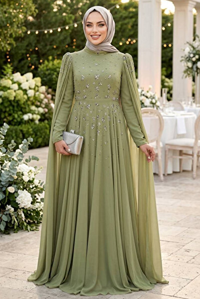 N.S NEVA STYLE Βραδινό φόρεμα με χάντρες με λεπτομέρεια από κάπα ανοιχτό χακί...