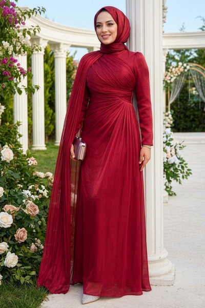 N.S NEVA STYLE Βουργουνδία Hijab βραδινό φόρεμα με λεπτομέρεια κάπας 5296BR