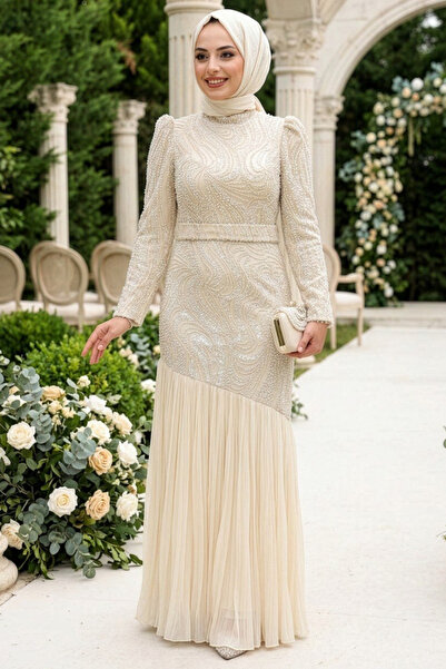 N.S NEVA STYLE Βραδινό φόρεμα Hijab με κρέμα με χάντρες 51621KR