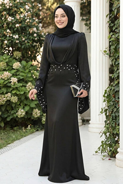 N.S NEVA STYLE Βραδινό φόρεμα από σατέν μαύρο χιτζάμπ με πέτρα 5337S