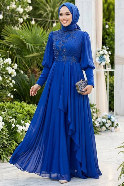 Neva Style İnci Detaylı İndigo Mavisi Tesettür Abiye Elbise 21930IM