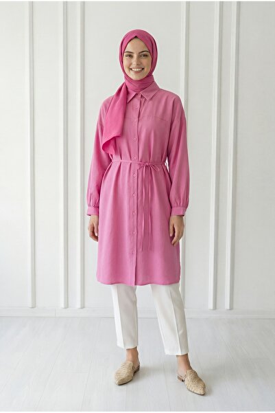 MİHRA STORE Miresia Lace-Up Long Modal πουκάμισο-PE261 Ροζ