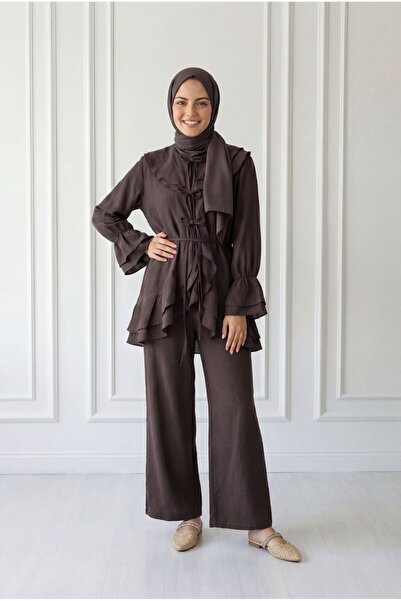 MİHRA STORE Σετ παντελονιού Rezzan με γιακά με βολάν και κορδόνια - ML2134 Καφέ