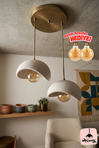 decory Beton Görünümlü 2'li Sarkıt Avize, Bohem Sarkıt Avize (Rustik Ampul He...