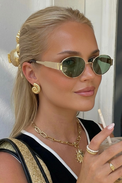 Chunky Frame Calenn Women's Ellipse Gold Framed Black Ultra Light Uv400 Filte...