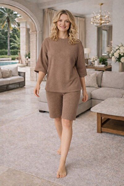 THEBEK Γυναικεία οικιακά ρούχα Πλεκτό σετ με σορτς με ραβδώσεις