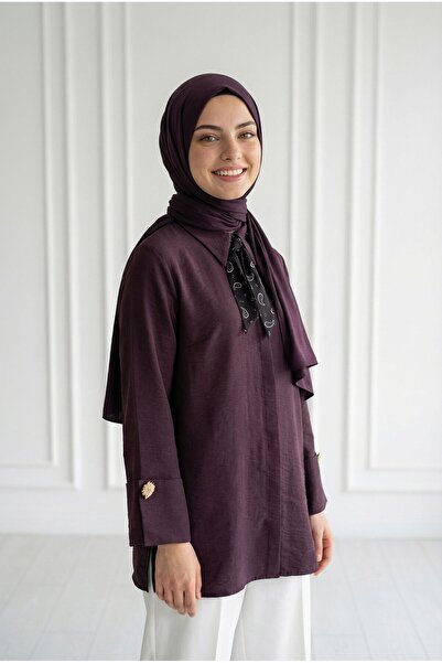 MİHRA STORE Adıgül Κρυφό Τουνίκ με Πλισέ Φουλάρι και Μανσέτες-ΣΑ1192 Δαμασκηνί