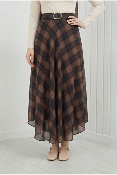 MİHRA STORE Φούστα σιφόν με φόδρα και σχέδια Birsu-EY5363 Καφέ