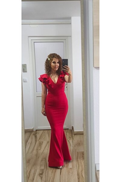Atmosphere Fashion Rochie lungă roșie tip sirenă cu volane