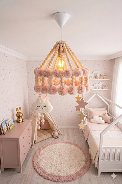 NGAHOME El Yapımı Çocuk Odası Avizesi – Pembe Ponponlu Ahşap Boncuklu Bohem B...