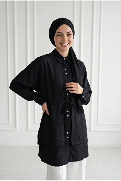 MİHRA STORE Πουκάμισο Saye με Κάπα και Τούνελ στη Μέση - BN4659 Μαύρο