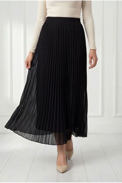 MİHRA STORE Φούστα σιφόν με πιέτες και επένδυση Piraye - FA1079 Μαύρο