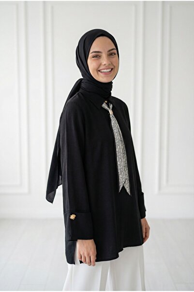 MİHRA STORE Adıgül Κρυφό Φουλάρι με Πλισέ Σχέδιο και Μανσέτες-ΣΑ1192 Μαύρο