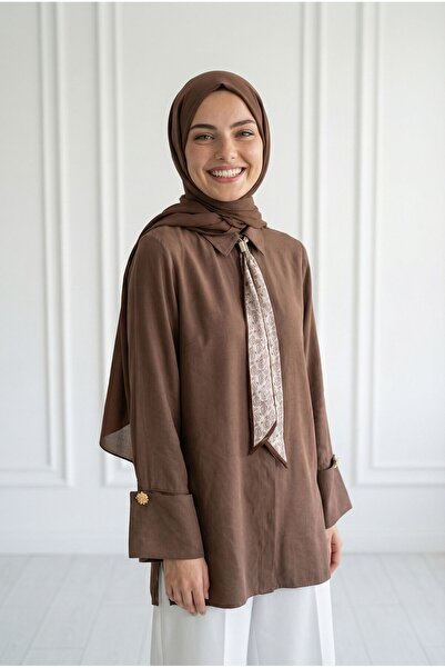 MİHRA STORE Adıgül Κρυφό Φουλάρι με Πλισέ και Μανσέτες-ΣΑ1192 Ανοιχτό Καφέ