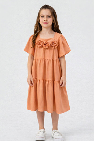 Alin Alp 3-8 Years Old Girl's Floral Detailed Summer Dress-6/7 Y - Orange