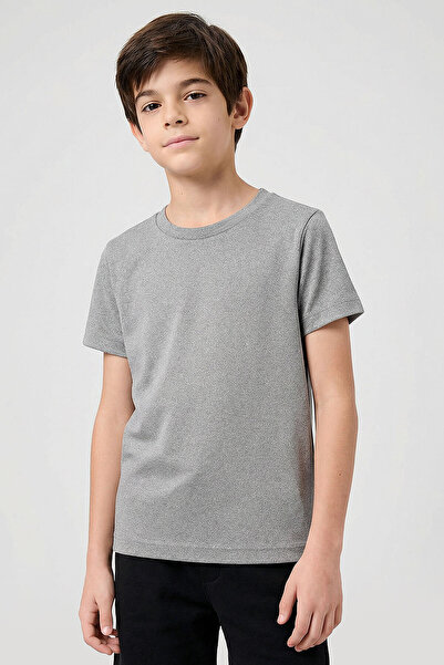 TOMMY LIFE Παιδικό μπλουζάκι γκρι μελανζέ με λαιμόκοψη σε σχήμα O, Standard F...