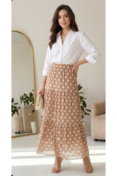 Dagü Design Women's Modest Wear Layered Ruffled Polka Dot Skirt Milk Brown White