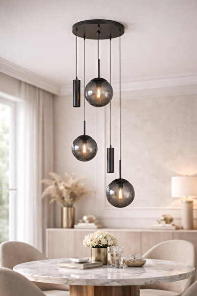 VENON RANA Yuvarlak 5.li SİYAH ❤️ 2 Spot Led ❤️ 3 FÜME Glop Camlı ❤️Modern Sı...