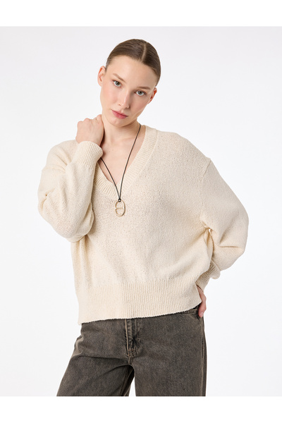 Koton Βαμβακερό μακρυμάνικο πλεκτό πουλόβερ με λαιμόκοψη V