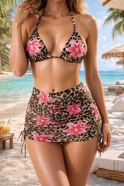 SeaLife Me Leopard Patterned Low Waist 3-Piece Bikini Set with Floral Detail